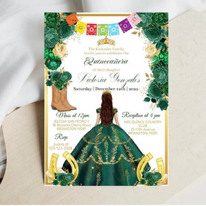 Emerald Green Charro Quinceañera Editable Invitation Gold Mexico Mis XV Quince Años Digital Template Sweet Sixteen 16 15 Printable, Download