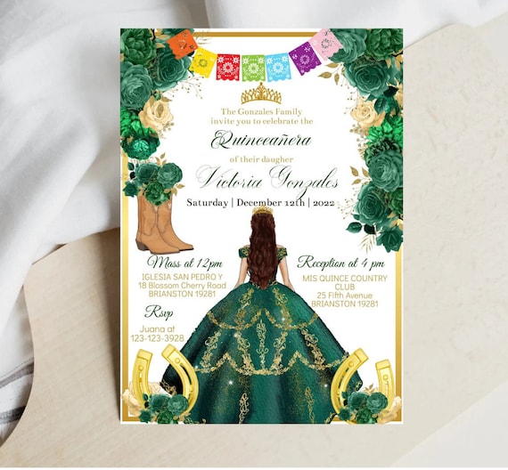 Buy Emerald Green Charro Quinceaera Editable Invitation Gold Mexico Mis XV  Quince Aos Digital Template Sweet Sixteen 16 15 Printable, Download Online  in India - Etsy