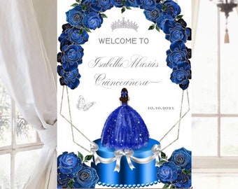 Welcome Sign Royal Blue Silver Quinceañera Princess XV Butterfly Signage, Sweet 16 Guest DIY Editable Template, Digital Printable, Download