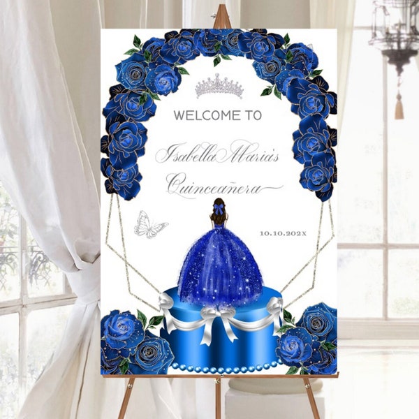 Welcome Sign Royal Blue Silver Quinceañera Princess XV Butterfly Signage, Sweet 16 Guest DIY Editable Template, Digital Printable, Download