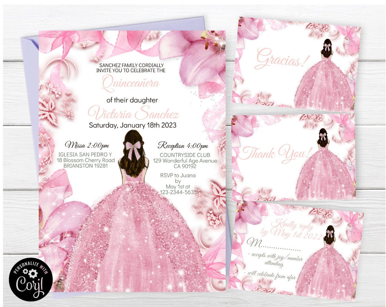 Quinceañera Invitation Editable Template, Blush Pink Floral Silver, Digital Invite Mis XV Quince Años  RSVP Thank You Card Sweet 16 Download