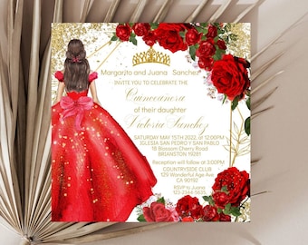Modelo editável de convite floral de ouro rosa vermelho Quinceañera, Princesa Tiara Mis XV Quince Años, festa de 15 meninas, doce 16, download instantâneo