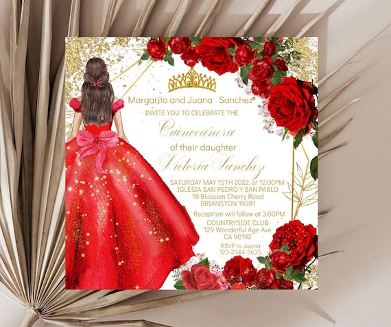 Red Rose Gold Floral Quinceaera Invitation Editable Template, Princess  Tiara Mis XV Quince Aos, 15 Girl Fiesta, Sweet 16, Instant Download - Etsy