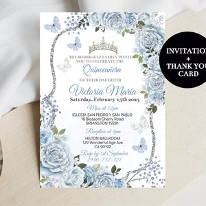 Quinceañera Invitation Editable Template, Baby Blue Floral Silver, Butterfly Tiara Invite Mis Quince Anos, Sweet Sixteen 16 Digital Download