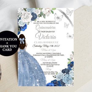 Quinceañera Invitation, Editable Template Digital Royal Blue Silver Butterfly Princess, Quince Años 15 Girl Party Sweet 16 Instant Download