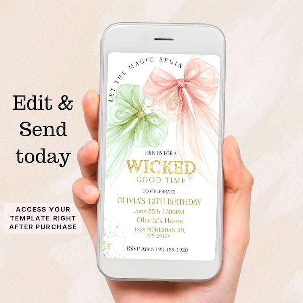 Inbjudan till Wicked Good Time-födelsedag, elektroniskt textmeddelande, redigerbar mall för tonårskokett, grönrosa rosett, häxtema