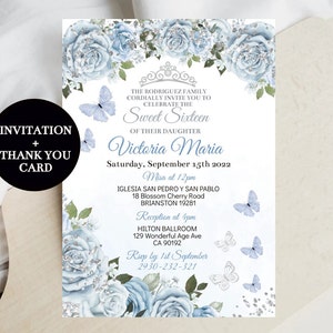 Editable Sweet Sixteen Quinceañera Invitation Butterfly Light Blue Silver Floral Mis Quince Anos Digital Template XV Fiesta Instant Download