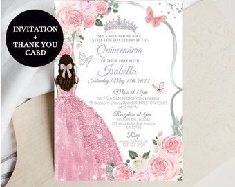 Blush Pink Floral Quinceañera Invitation, DIY Editable Template, Princess Dress Mis XV Quince Años, Butterfly Pink Silver, Descarga digital