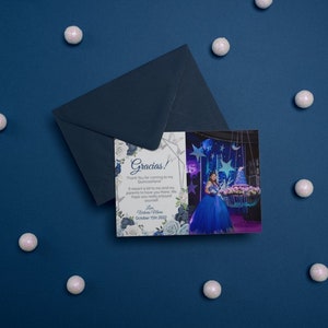 Royal Blue Silver Quinceañera Thank You Card Photo, Butterfly Mis XV Quince Años, modello modificabile. Sweet Sixteen 16 Digital Card, download