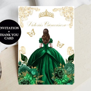 Quinceañera Invitation Emerald Green Gold Princess, Butterfly, DIY Editable Template Mis XV, 15th Quince Party, Sweet 16, Printable Download