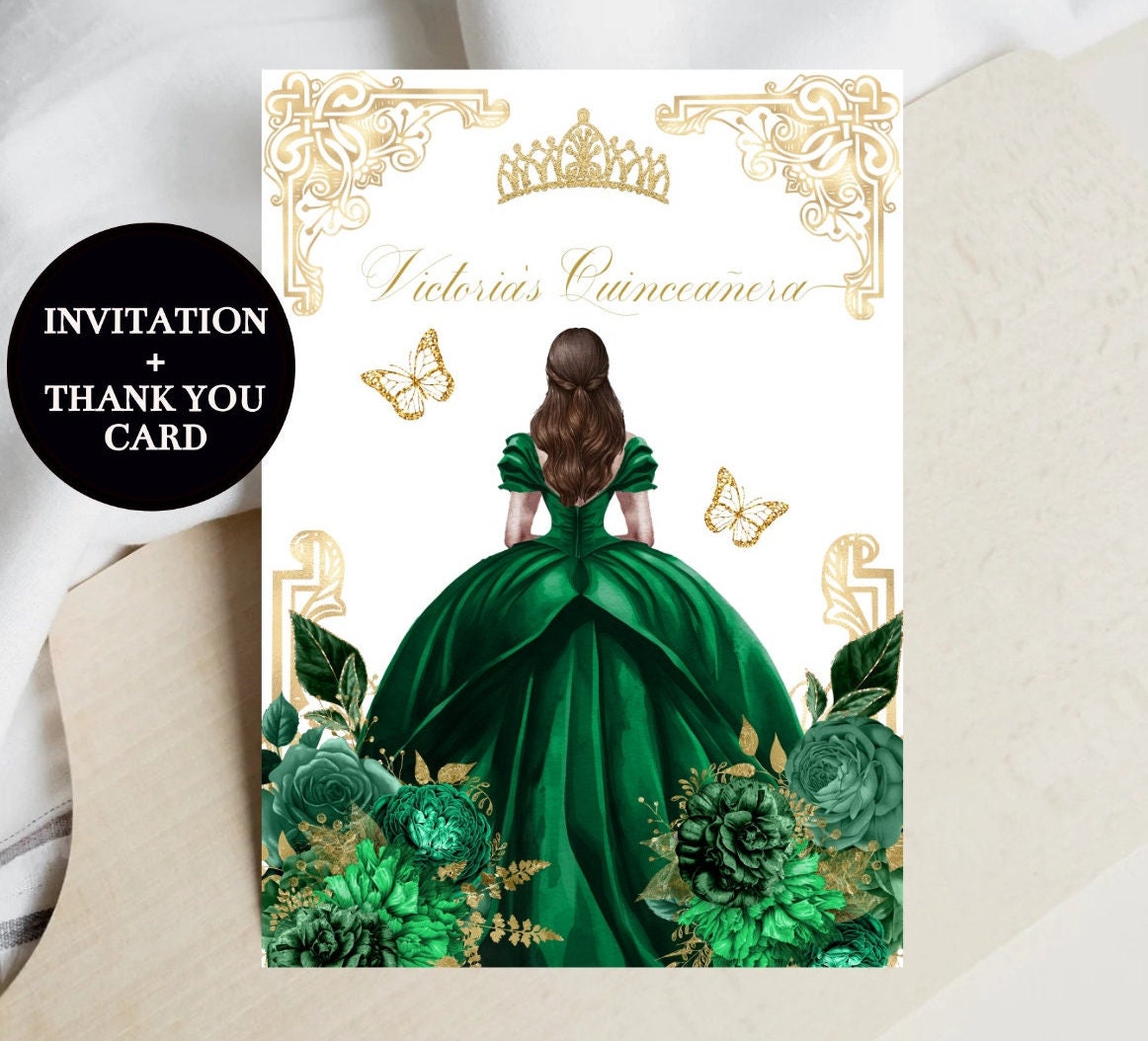 Invitaciones De 15 Años Verde Esmeralda Para Editar Gratis Invitación Quinceañera Princesa Oro Verde Esmeralda Mariposa - Etsy España