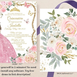 Quinceañera Invitation Editable Template, Pink Blush Gold Floral Butterfly, Thank You Card, XV Mis Quince Anos. Sweet 16, Digital Download