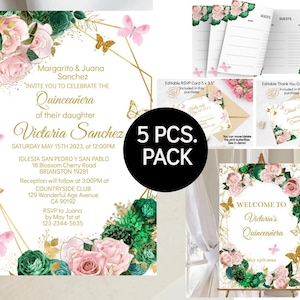 Bundle Quinceañera Invitation, DIY Editable Templates Emerald Green Blush Pink Butterfly, Mis Quince Anos, Sweet 16, Digital Invite Download