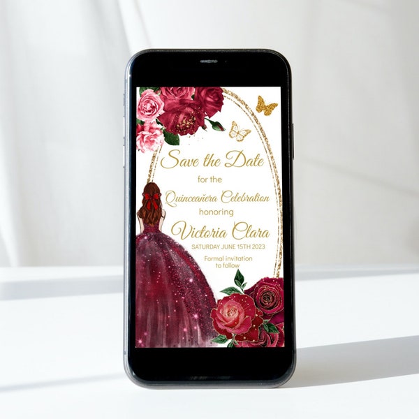 Electronic Save the Date Quinceañera, Sweet 16, DIY Editable Template, Burgundy Floral, Princess Text Message Mobile Phone, Instant Download