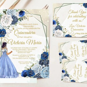 Set Quinceañera Editable Invitation Princess Blue Rose Floral and Gold 15th Girl Party Mis Quince Invitaciones Digital Template Download