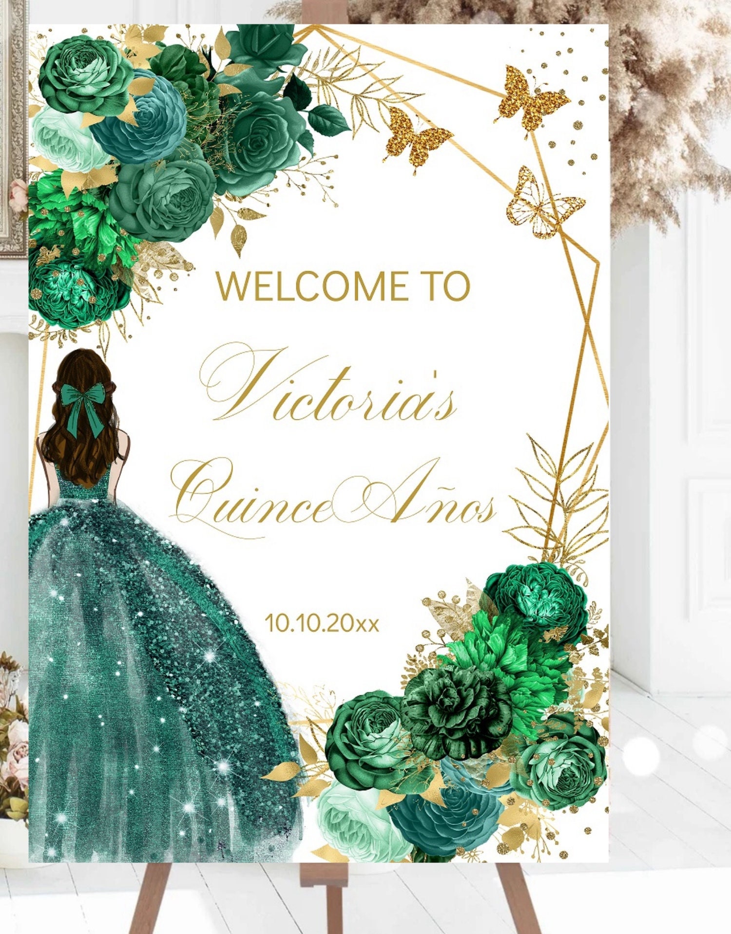 Invitaciones De 15 Años Verde Esmeralda Para Editar Gratis Plantilla editable Quinceañera Signo de bienvenida Verde Esmeralda Floral Oro Mariposa Mis Quince Años, Dulce 16, Señalización de invitados Imprimible, Descargar - Etsy México