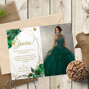 Quinceañera Thank You Card with Photo, Emerald Green Gold, Butterfly, Mis Quince Años, DIY Editable Template, Sweet Sixteen Instant Download