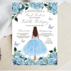Dolce sedici 16 invito, invito digitale Quinceañera, Baby Blue floreale, principessa farfalla, modello modificabile fai da te Mis XV Quince, 15 carte
