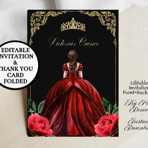 Quinceañera Invitation, DIY Editable Template, Red Rose Gold Tiara,  Mis XV Quince Princess, Digital Printable Sweet 16 Girl Party, Download