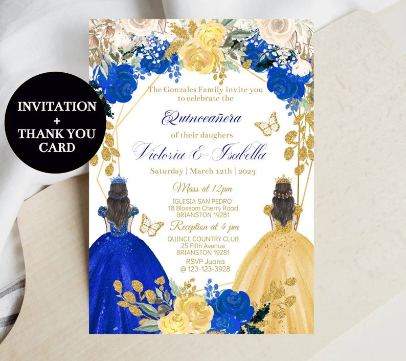 Twins Quinceañera Invitation Royal Blue Gold Floral Mis XV Etsy