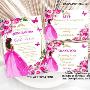 Fuchsia Hot Pink Floral Quinceañera Invitation, Editable Template Mis XV Quince Años, Princess 15th Crown, Sweet 16, Digital Card, Download