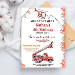 Fire Truck 5th Birthday Party Invitation, DIY Editable Template, Sound the Alarm, Fire Dog, Firefighter Digital Invite, Printable, Download