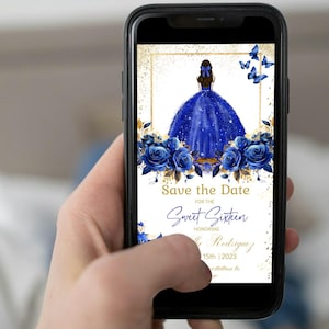 Royal Blue Save the Date Sweet 16, modello modificabile fai da te Quinceañera, messaggio di testo sul cellulare, invito digitale elettronico Mis XV, download