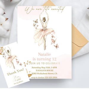 12th Girl Ballerina Birthday Invitation , Editable Template Party Invite Ballet Dance, Blush Pink Tutu Swan, Printable Card Invite, Download
