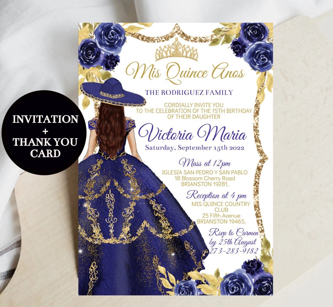 Royal Blue Gold Western Charro 2Sided Quinceanera Invitation