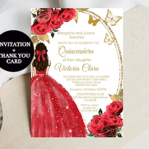 Luxury Quinceañera Invitation, DIY Editable Template Red Roses Gold Mis XV Quince Princess, Butterfly Card, Printable Items Instant Download