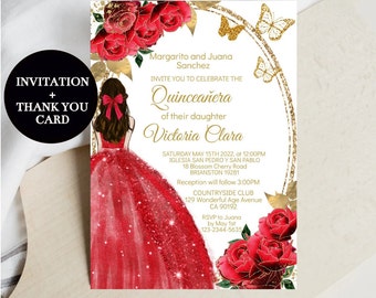 Könnte beinhalten: Eine Quinceañera-Einladungskarte mit einem goldenen Glitzerrahmen und roten Rosen. Die Karte zeigt eine Zeichnung einer jungen Frau in einem roten Kleid mit einer roten Schleife im Haar. Der Text auf der Karte lautet "Margarito und Juana Sanchez laden Sie ein, die Quinceañera ihrer Tochter Victoria Clara zu feiern".