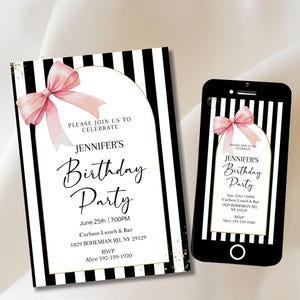 Modèle d'Invitation de fête d'anniversaire chic Français rayures noeud rose, modifiable inviter une femme, tout âge Coquette ruban 30e 40e 50e, numérique