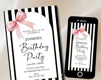 Modello di invito per festa di compleanno con fiocco rosa a righe francesi chic, invito modificabile per donna, qualsiasi età, nastro Coquette per 30°, 40° e 50° compleanno, digitale