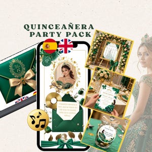 Puede incluir: Un paquete digital para fiesta de Quinceañera con sobres verde esmeralda, lazos dorados, detalles florales y marcos dorados. El conjunto incluye plantillas de invitación, una etiqueta de agradecimiento y un letrero con tipografía elegante.
