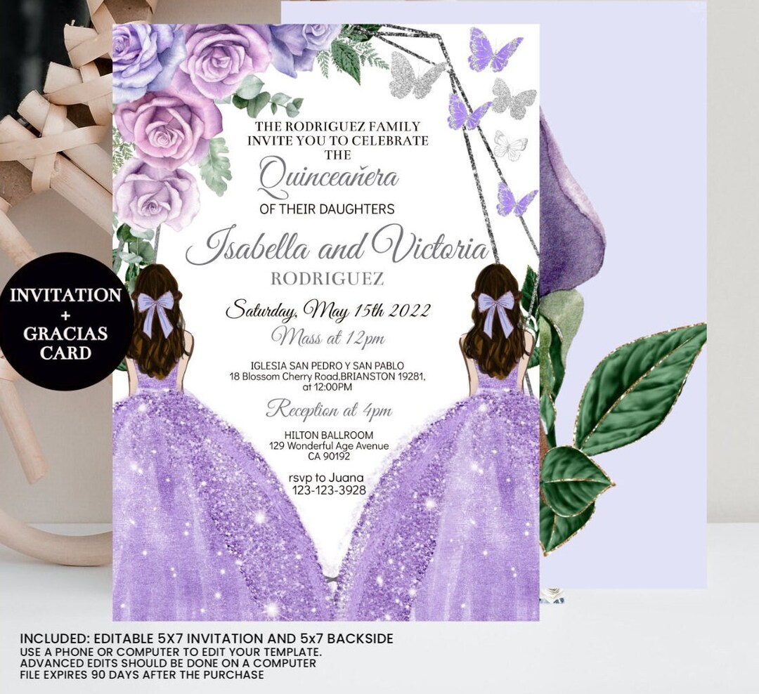 Quinceañera Twins Invitation Editable Template, Purple Silver Floral