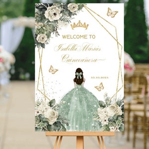 Willkommensschild Sage Green Gold Quinceañora Prinzessin XV Schmetterling Gast Signage, Sweet 16 15 DIY bearbeitbare Vorlage, digital bedruckbar, Download