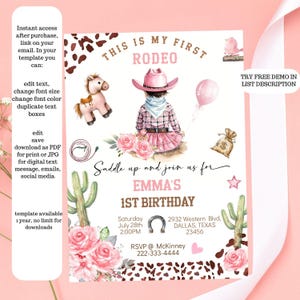 My First Rodeo Birthday Invitation Girl, Editable Template, Little