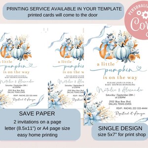 May include: Baby shower invitations with a watercolor pumpkin design. The invitations feature text that reads "a little pumpkin is on the way" and include event details. The design includes floral and ribbon accents.