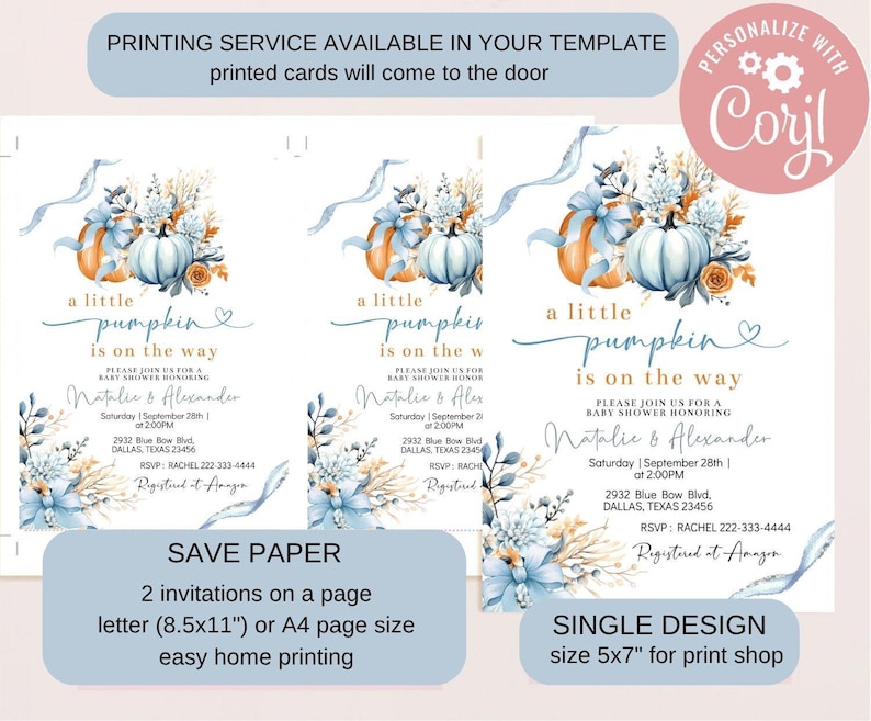 May include: Baby shower invitations with a watercolor pumpkin design. The invitations feature text that reads "a little pumpkin is on the way" and include event details. The design includes floral and ribbon accents.