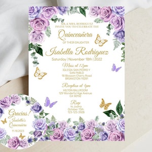 Quinceañera Invitation DIY Editable Template, Purple Lilac Gold Rose, Tiara Butterfly Invite Mis XV Quince Años, Favor Tags Digital Download