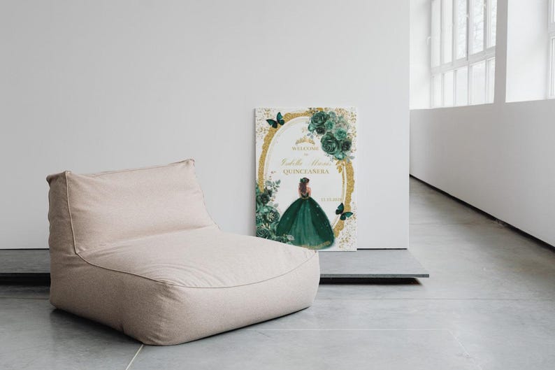 May include: A welcome sign for a Quincea&ntilde;era with a gold and green color scheme. The sign features a silhouette of a girl in a green dress with a gold crown and butterflies. The text on the sign reads "Welcome to [Name]'s Quincea&ntilde;era".