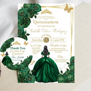 Emerald Green Quinceañera Invitation, DIY Editable Template, Mis XV Quince Años Princess, Gold Crown Sweet 16, 15 Digital Card, Download