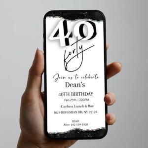 40th Modern Minimal Birthday Invitation, Black White Forty Digital Invite Men, Electronic Editable Template, Mobile Text Message, Download