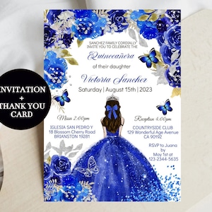 Royal Blue Roses Quinceañera Invitation Editable Template Butterfly Princess Digital Invite Mis XV Quince Años , 15th girl Sweet 16 Download