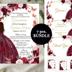Set Quinceañera Invitation Editable Template Mis Quince Años , Burgundy Gold Floral Princess Butterfly, Digital Invite 15th Quince, Download