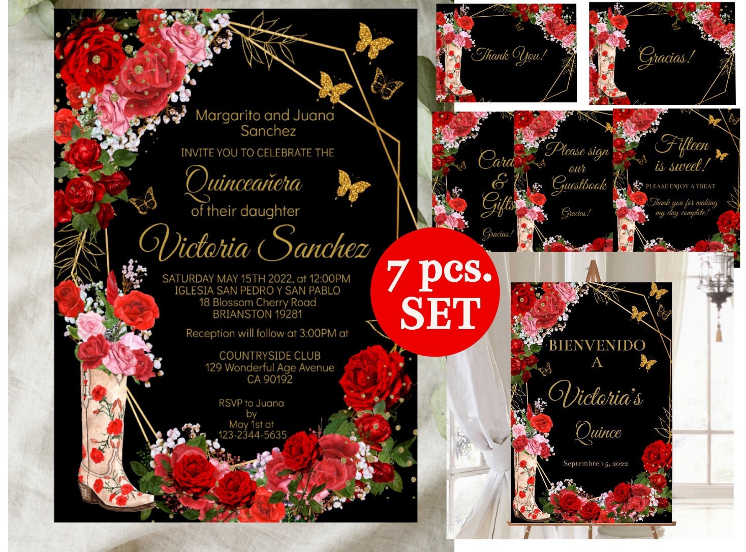 Bundle Quinceañera Invitation Black Red Digital Templates Charro