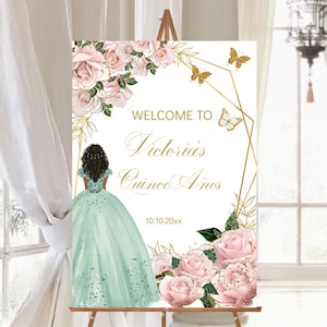 DIY Editable Template Quinceañera Welcome Sign, Pink Mint Green Gold, Butterfly Mis Quince Años, Sweet 16, Guest Signage Printable, Download