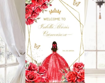 May include: Welcome to Isabella Maria's Quinceañera sign with a gold geometric frame, red roses, a gold crown, and a red dress with a gold glitter overlay. The date 10.10.202X is printed on the sign.
