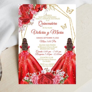 Convite Quinceañera Gêmeas Irmãs Red Gold Rose Princess, Modelo Editável DIY Borboleta, Convite Digital Mis XV Años, Doce 16, Baixar