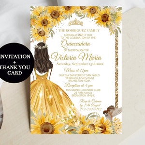 Quinceañera Editable Invitation, Sunflower Princess Tiara, Mis Quince Anos Sweet Sixteen Yellow Gold Floral Digital Invite, XV Anos Download